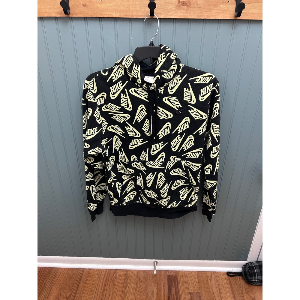 Nike All Over Logo Print Hoodie Sweatshirt Black Yellow Men Size S